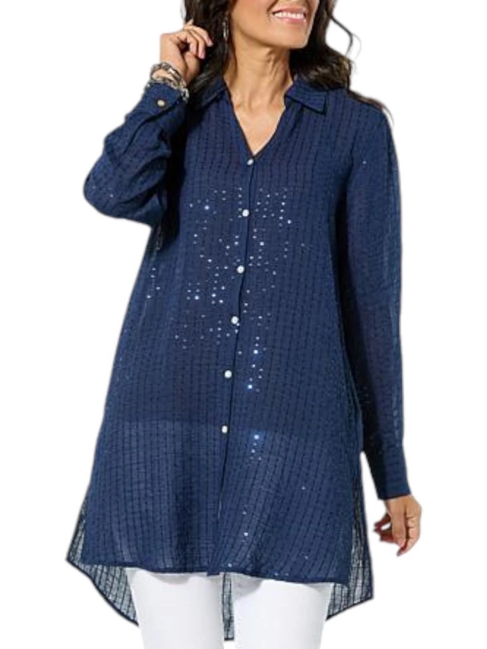 Colleen Lopez Coastal Sequin Sheer Crinkle Button Down Tunic Top Sz M
